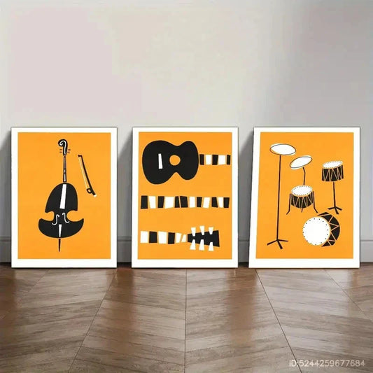 3pcs Featuring Guitar Drum Set And Double Bass Metal Print Ready to Hang Art