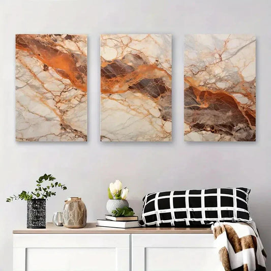 3pcs Elegant Golden and Brown Veins Metal Print Ready to Hang Art