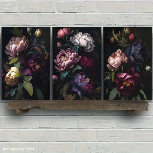 3pcs Floral Art on Dark Background Vintage Metal Print Ready to Hang Art