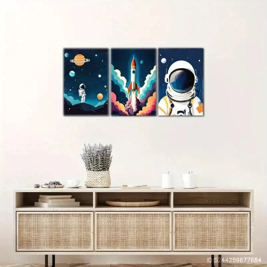 3pcs Vibrant Rocket Launch Astronauts and Planets Metal Print Ready to Hang Art