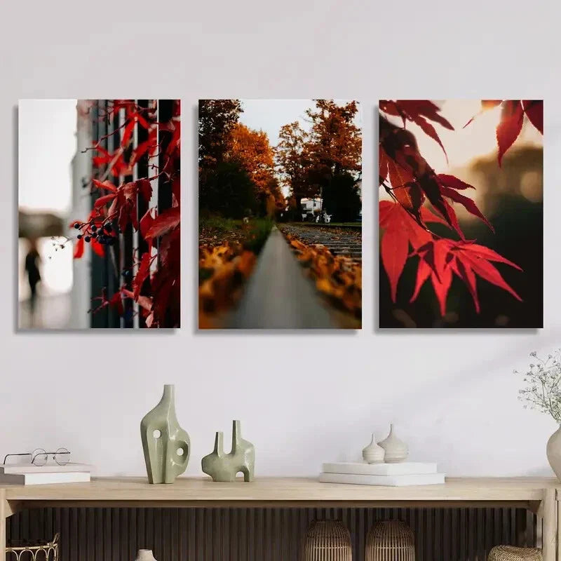 3pcs Golden autumn leaves on track, Metal Print Ready to Hang Art
