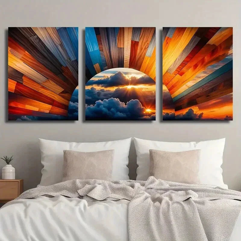 3pcs Cloudy Sunrise and Sunlight in the Sky Wall Art Set Canvas Framed 40x60cm - High Quality Print 100% Australian Made Wall Canvas Ready to Hang