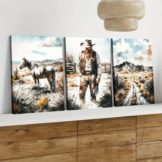 3pcs Horse Men Grasses Blue Sky White Clouds Wall Art Set Canvas Framed 40x60cm - High Quality Print 100% Australian Made Wall Canvas Ready to Hang
