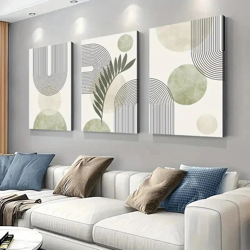 3pcs Abstract Sage Green Geometric Line Wall Art Set Canvas Framed 40x60cm - High Quality Print 100% Australian Made Wall Canvas Ready to Hang