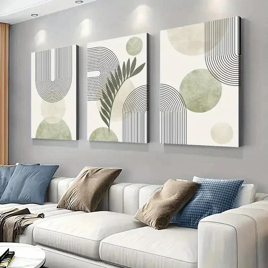 3pcs Abstract Sage Green Geometric Line Wall Art Set Canvas Framed 40x60cm - High Quality Print 100% Australian Made Wall Canvas Ready to Hang