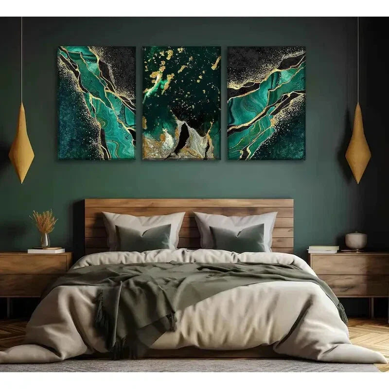 3pcs   Green and Golden Marble Texture Metal Print Ready to Hang Art