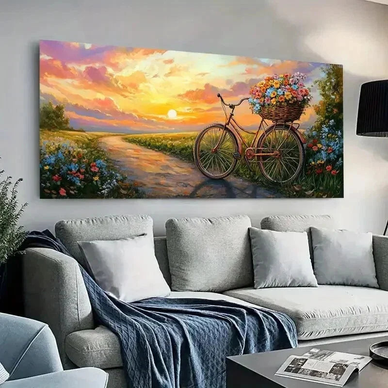Bicycle with Flowers Path wall canvas office home room framed 120x60cm