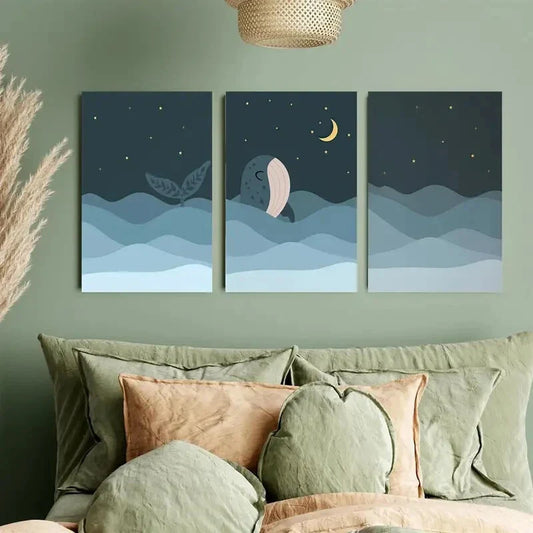 3pcs Ocean Whale Waves at Night Metal Print Ready to Hang Art