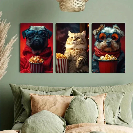 3pcs Whimsical Dog in Red Hoodie & Popcorn Cat Metal Print Ready to Hang Art
