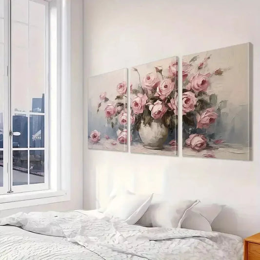 3pcs Pink Roses Floral Vase Abstract Canvas Framed 40x60cm - High Quality Print 100% Australian Made Wall Canvas Ready to Hang