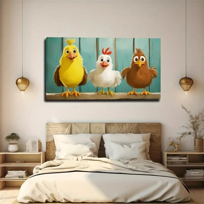 Three Cute Chickens Wall Art Canvas Office Home Room Framed 120x60cm