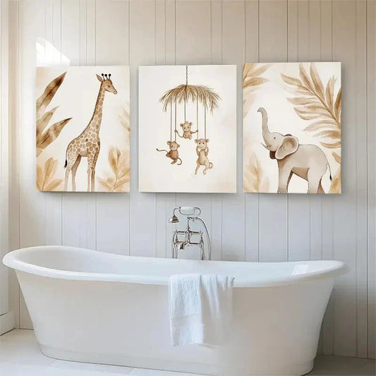 3pcs Safari Jungle Theme Animal Friends Perfect Wall Art Set Canvas Framed 40x60cm - High Quality Print 100% Australian Made Wall Canvas Ready to Hang