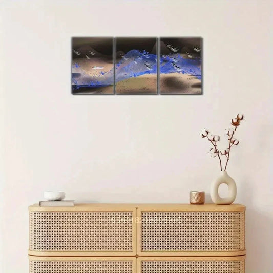 3pcs poster with distant mountains and sailboat, Metal Print Ready to Hang Art
