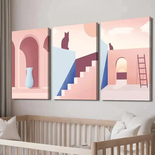 3pcs Greek Vase Mural & Cat Abstract Silhouette Wall Art Set Canvas Framed 40x60cm - High Quality Print 100% Australian Made Wall Canvas Ready to Hang