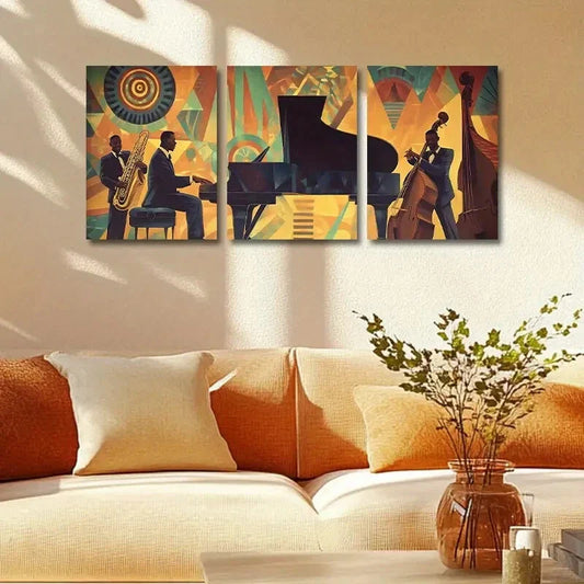 3pcs Jazz Band Performance with Vibrant Geometric Metal Print Ready to Hang Art