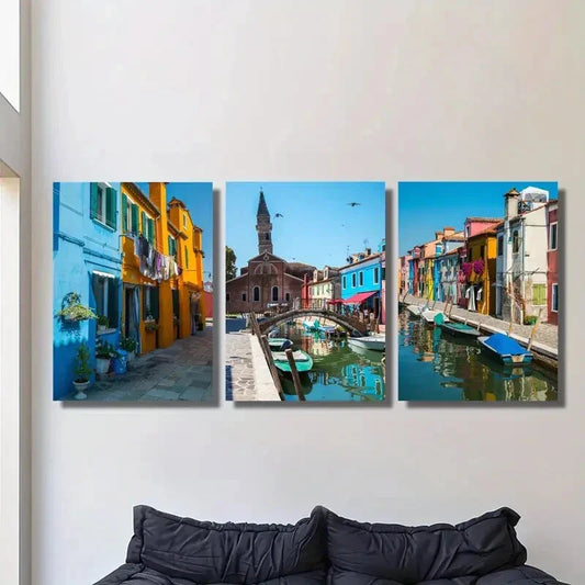 3pcs Bell tower of San Martino colorful houses  Metal Print Ready to Hang Art