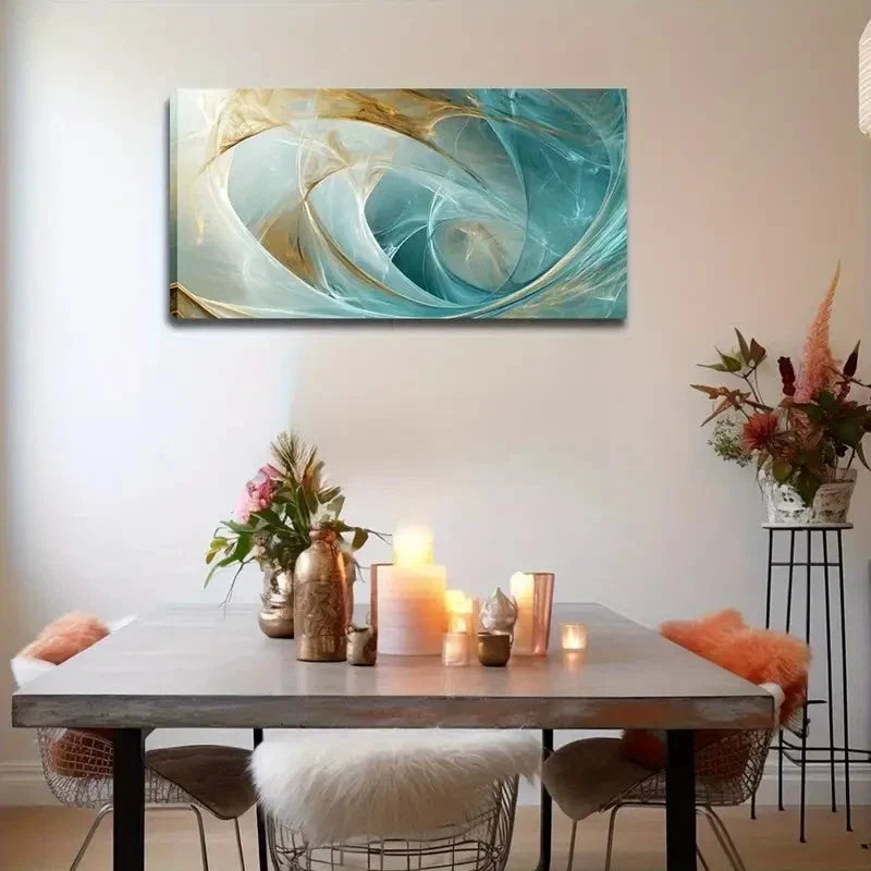 Modern Teal & Golden Marbled Wall Art Canvas Office Home Room Framed 80x45cm