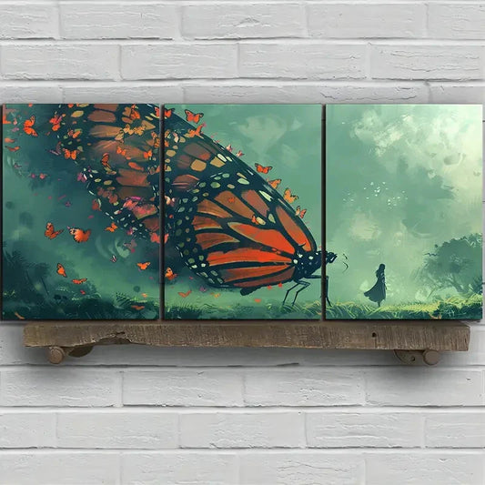 3pcs Butterfly Girl Orange & Black Metal Print Ready to Hang Art