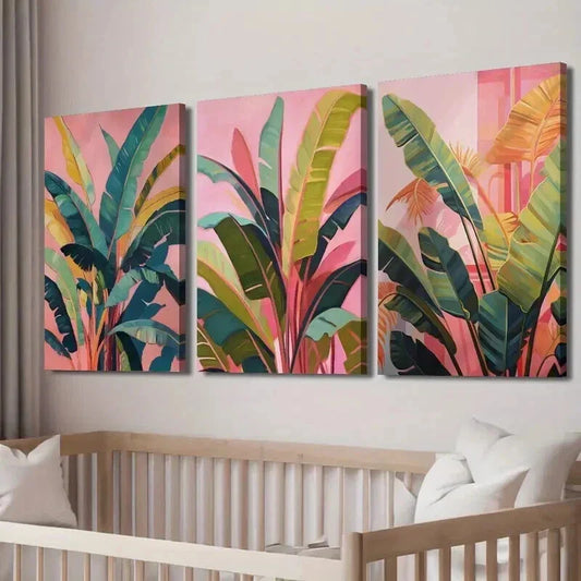 3pcs Tropical Leaves on Pink Background Wall Art Set Canvas Framed 40x60cm - High Quality Print 100% Australian Made Wall Canvas Ready to Hang