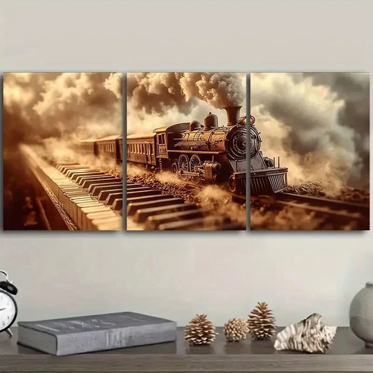 3pcs Old piano steam train Art Painting Metal Print Ready to Hang Art