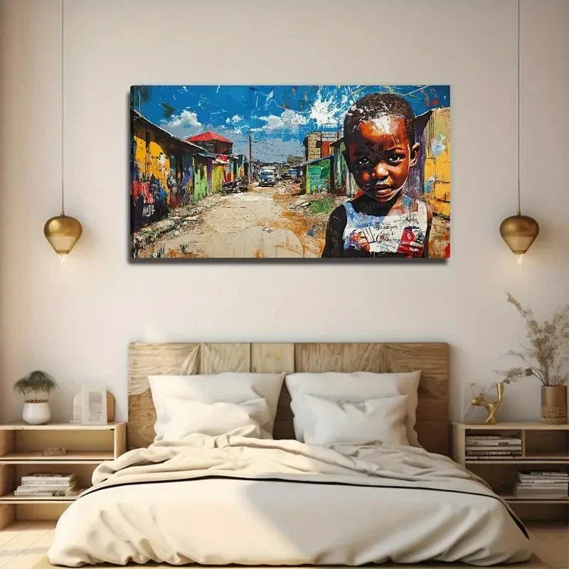 Vibrant African Street Scene Wall Art Canvas Office Home Room Framed 80x45cm