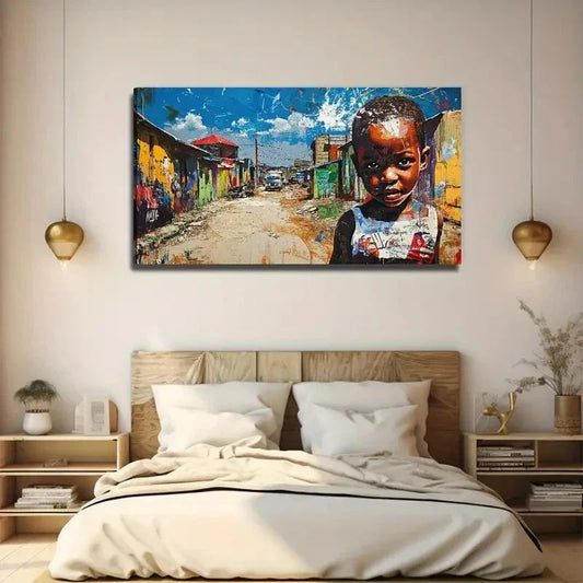 Vibrant African Street Scene Wall Art Canvas Office Home Room Framed 80x45cm