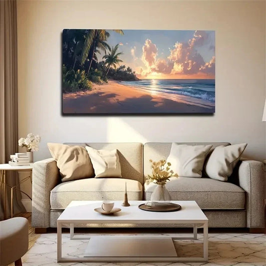 Beach At Sunrise Suitable Wall Art Canvas Office Home Room Framed 80x45cm