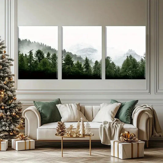 3pcs Mystical Mountain & Pine Tree Scenery, Metal Print Ready to Hang Art