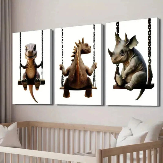 3pcs Tyrannosaurus Stegosaurus And Triceratops Wall Art Set Canvas Framed 40x60cm - High Quality Print 100% Australian Made Wall Canvas Ready to Hang