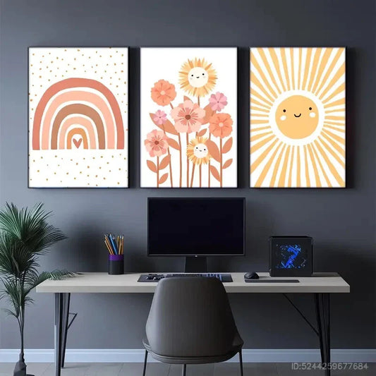 3pcs Rainbow Sun and Flowers Design Posters Metal Print Ready to Hang Art