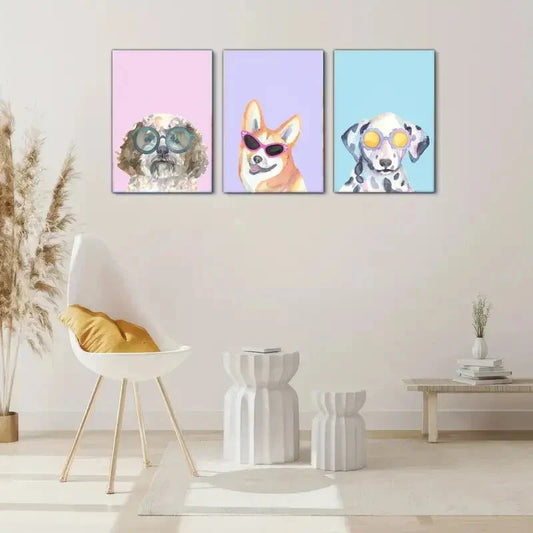 3pcs Dalmatian Corgi Dog with Glasses Art Print Metal Print Ready to Hang Art