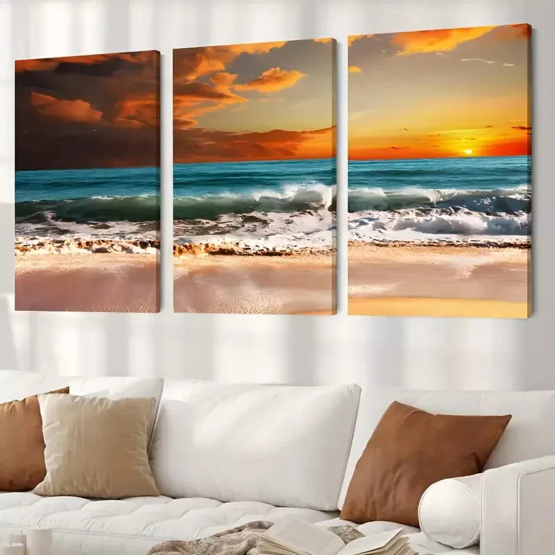 3pcs Sunset Ocean Wave Beach Canvas Framed 40x60cm - High Quality Print 100% Australian Made Wall Canvas Ready to Hang