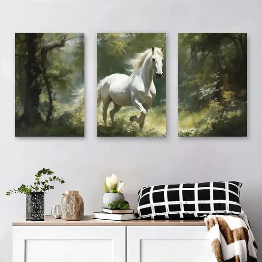 3pcs Majestic White Horse Running Metal Print Ready to Hang Art