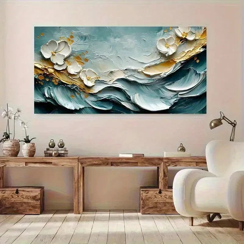 Textured Waves & Floral Accents Wall Art Canvas Office Home Room Framed 120x60cm