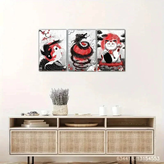 3pcs Fish Animals Dragon Cat Japanese Poster Metal Print Ready to Hang Art