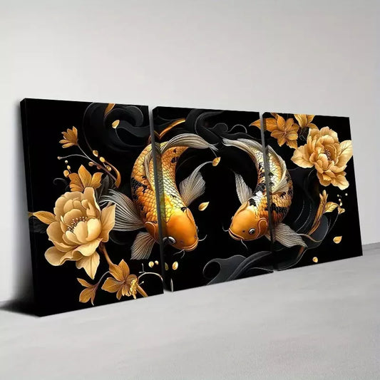 3pcs Beautiful Modern Golden Koi with Florals Wall Art Set  Canvas Framed 40x60cm - High Quality Print 100% Australian Made Wall Canvas Ready to Hang