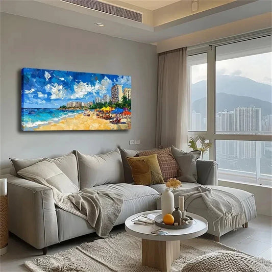 Colorful Beach Umbrellas Chairs Wall Art Canvas Office Home Room Framed 80x45cm