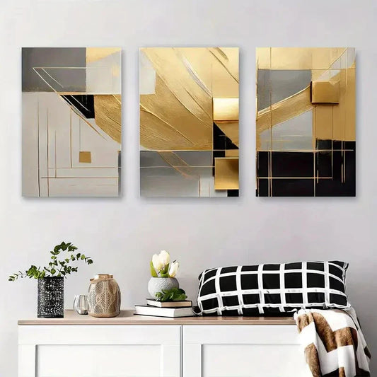 3pcs Golden and Black Geometric Abstract Metal Print Ready to Hang Art
