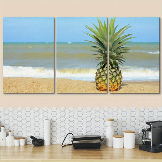 3pcs Pineapple on Beach with Modern Metal Print Ready to Hang Art