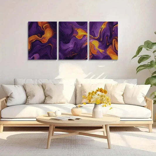3pcs Abstract Purple & Orange Marble Metal Print Ready to Hang Art