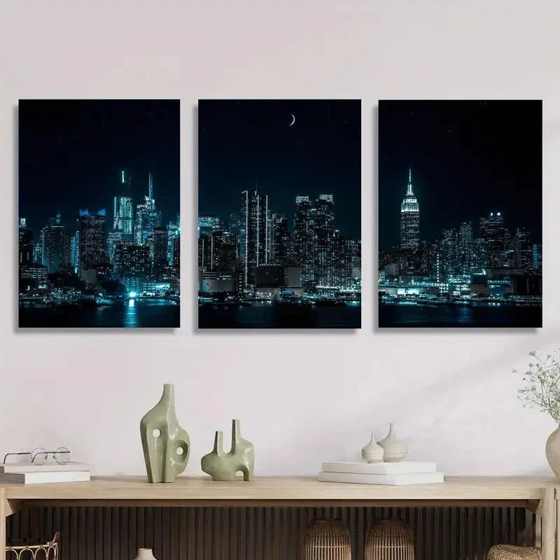 3pcs Cityscape, Night, Moon, Skyscrapers Metal Print Ready to Hang Art