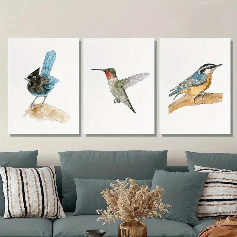 3pcs Blue &amp; Black Bird Illustrations, Metal Print Ready to Hang Art