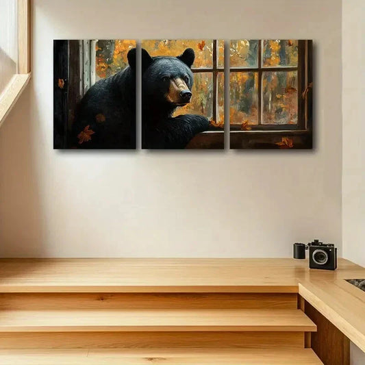 3pcs Autumn Bear by Window Scene Metal Print Ready to Hang Art