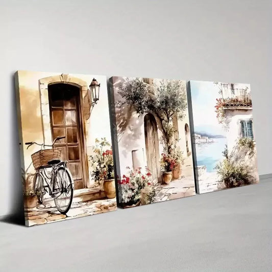 3pcs Peaceful Watercolor Charming Countryside  Wall Art Set Canvas Framed 40x60cm - High Quality Print 100% Australian Made Wall Canvas Ready to Hang
