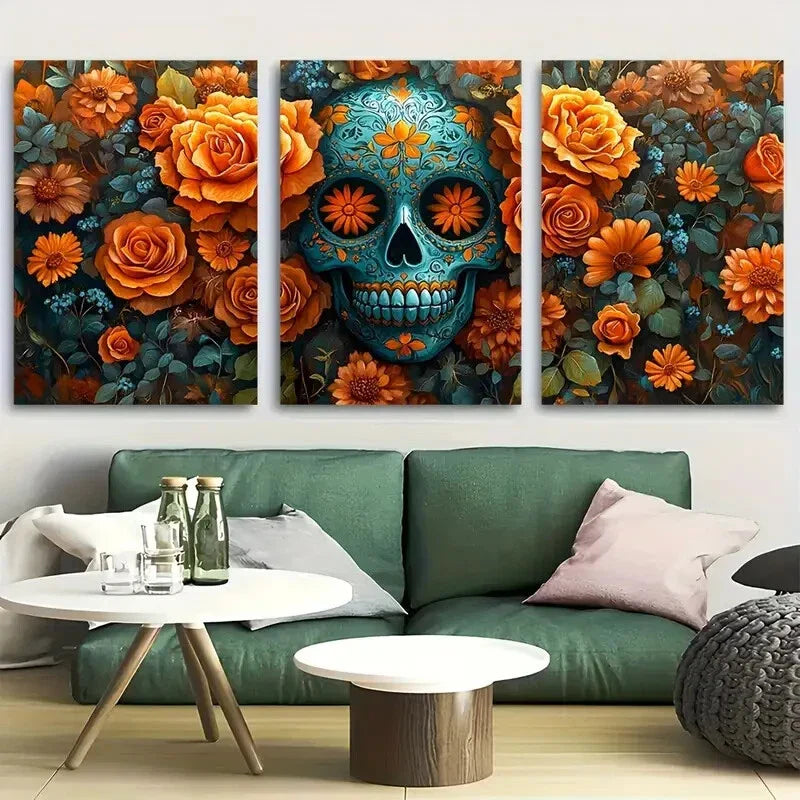 3pcs Blue Sugar Skull with Orange Roses Metal Print Ready to Hang Art