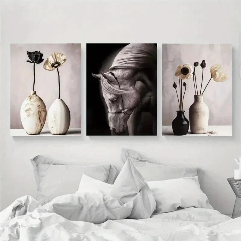 3pcs Dry Flower And Horse Illustrations Metal Print Ready to Hang Art