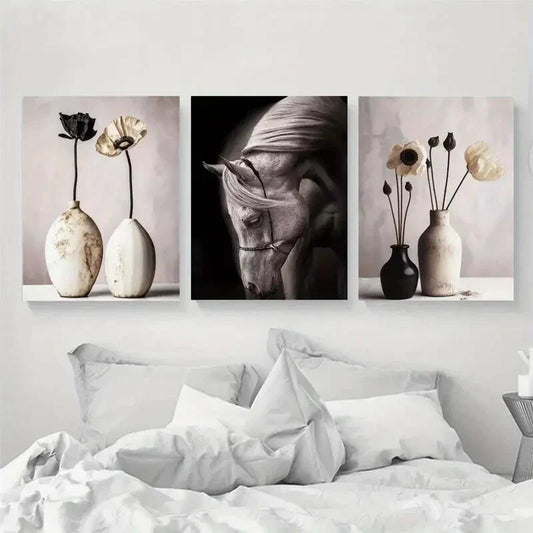 3pcs Dry Flower And Horse Illustrations Metal Print Ready to Hang Art