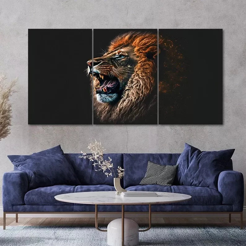 3 Piece Roaring Blue Eyes Lion Canvas Framed 40x60cm - High Quality Print 100% Australian Made Wall Canvas Ready to Hang