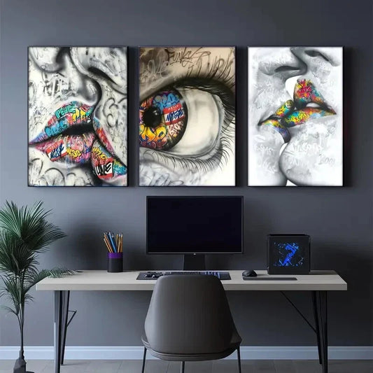3pcs Vibrant Graffiti Kiss Art Print Bold Metal Print Ready to Hang Art