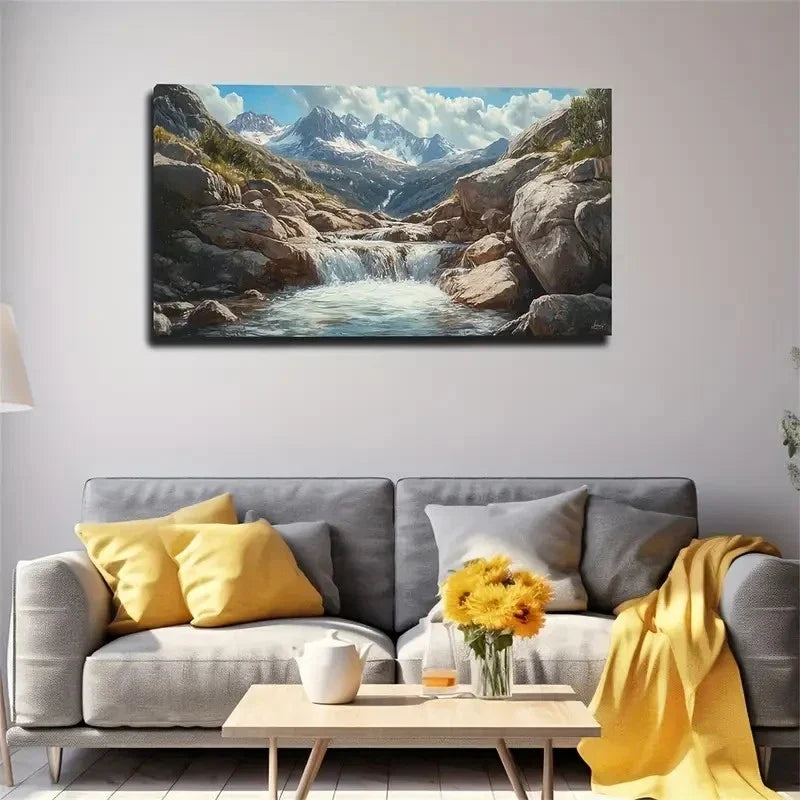 Serene Mountain Waterfall Lands Wall Art Canvas Office Home Room Framed 120x60cm